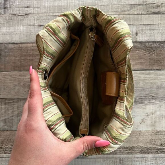 Fossil Y2K Striped Canvas Shoulder Bag Tote Green Brown Boho Casual Everyday - Picture 4 of 10